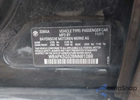 2011 BMW 328I xDrive из США, поврежденный, VIN WBAPK5G52BNN81088